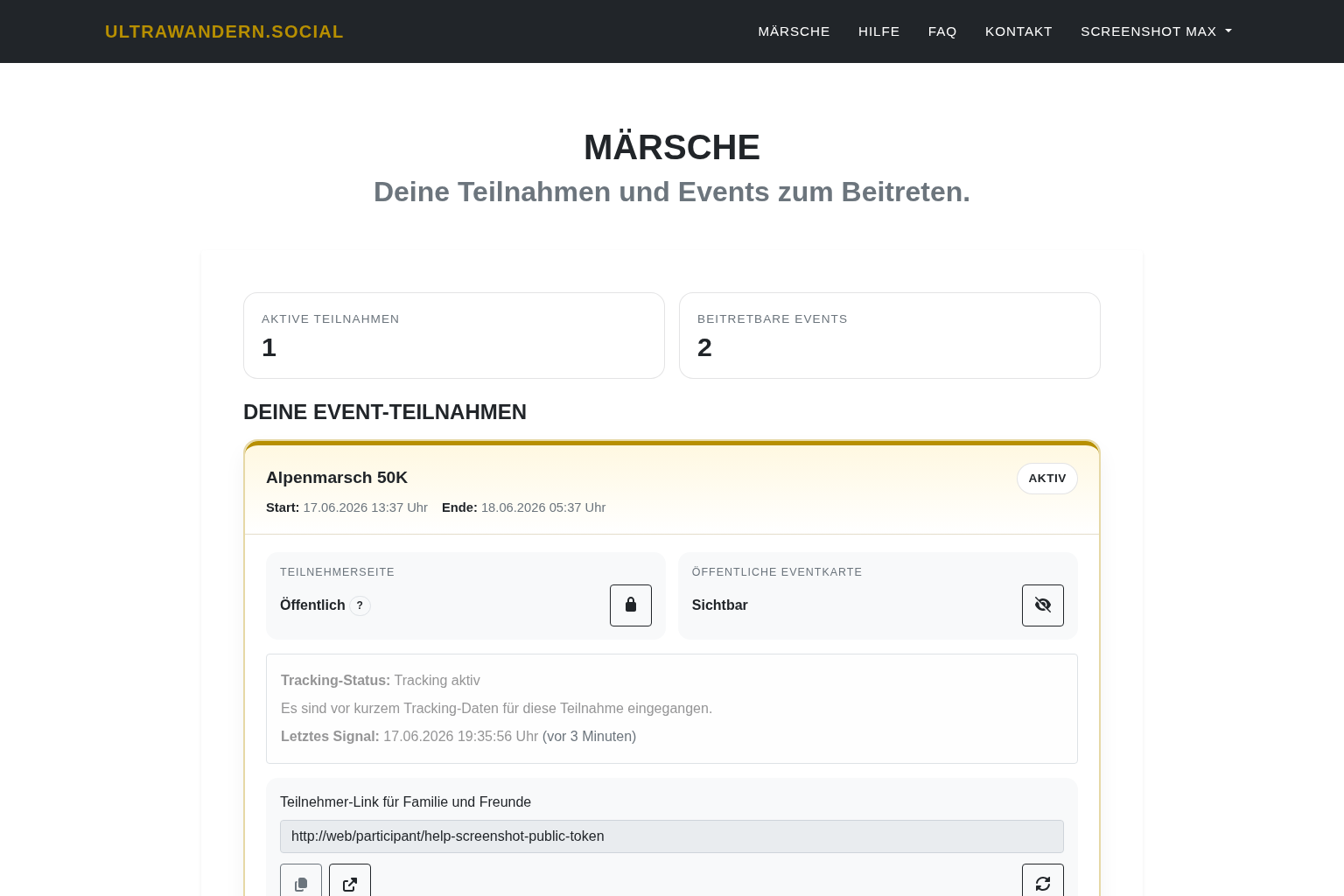 Teilnehmerseite mit Live-Track und Steuerung